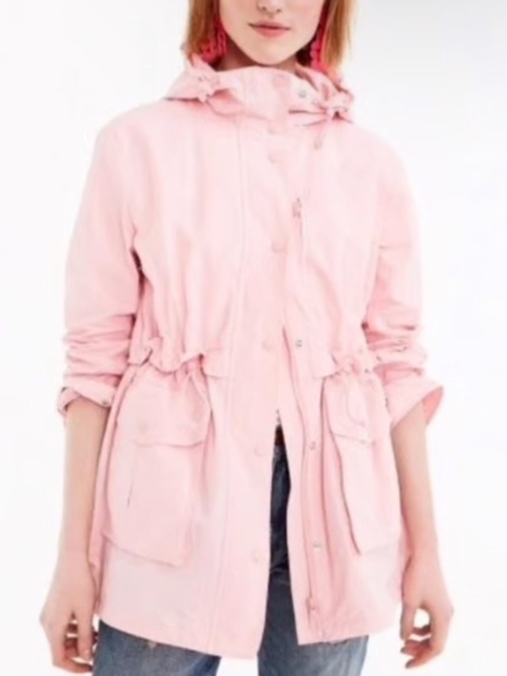 J. Crew pale pink zip up rain jacket coat pockets cinched waist size L